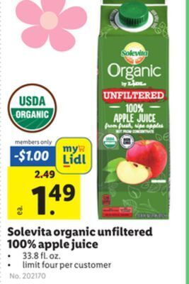 Lidl Solevita organic unfiltered 100% apple juice offer