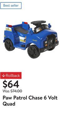 Walmart Paw patrol chase 6 volt quad offer
