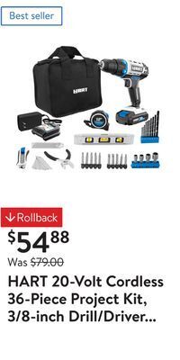 Walmart Hart 20-volt cordless 36-piece project kit, 3/8-inch drill/driver and 10-inch storage bag, (1) 20-volt 1.5ah lithium-ion batt offer