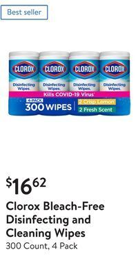 Walmart Clorox bleach-free disinfecting and cleaning wipes offer