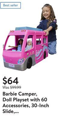 Walmart Barbie camper, doll playset with 60 accessories, 30-inch slide, dream camper offer