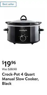 Walmart Crock-pot 4 quart manual slow cooker, black offer