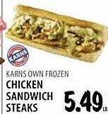 Karns Chicken sandwich steaks offer