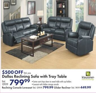 Boscov's Dallas reclining sofa with tray table offer