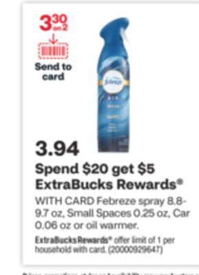 CVS Febreze spray 8.8-9.7 oz, small spaces 0.25 oz, car 0.06 oz or oil warmer offer
