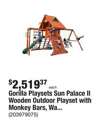 The Home Depot Gorilla playsets sun palace ii wooden outdoor playset with monkey bars, wave slide, rock wall, and backyard swing set accesso offer