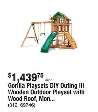 The Home Depot Gorilla playsets diy outing iii wooden outdoor playset with wood roof, monkey bars, slide, swings, and backyard swing set acc offer