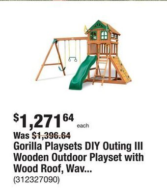 The Home Depot Gorilla playsets diy outing iii wooden outdoor playset with wood roof, wave slide, rock wall, sandbox, and swing set accessor offer
