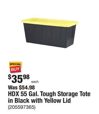 The Home Depot Hdx 55 gal. tough storage tote in black with yellow lid offer