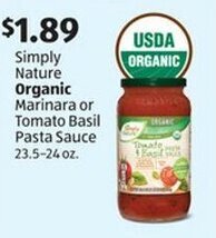 Aldi Simply Nature Organic Marinara or Tomato Basil Pasta Sauce 23.5-24 oz. offer
