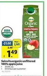 Lidl Solevita organic unfiltered 100% apple juice offer