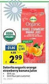 Lidl Solevita organic orange strawberry banana juice offer