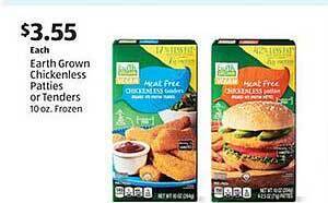Aldi Earth grown chickenless patties or tenders offer