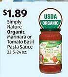 Aldi Simply nature organic marinara or tomato basil pasta sauce offer