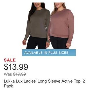 Costco Lukka lux ladies' long sleeve active top, 2 pack offer