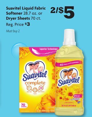 Family Dollar Suavitel liquid fabric softener 28.7 oz. or dryer sheets 70 ct. offer