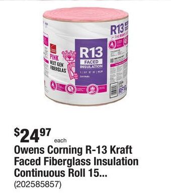 The Home Depot Owens corning r-13 kraft faced fiberglass insulation continuous roll 15 in. x 32 ft. offer