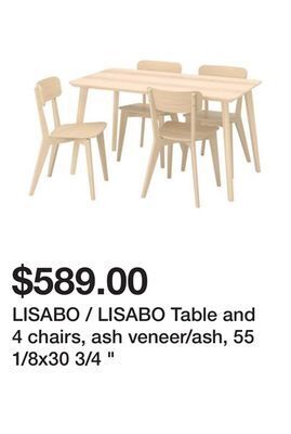 Ikea Lisabo / lisabo table and 4 chairs, ash veneer/ash, 55 1/8x30 3/4 " offer