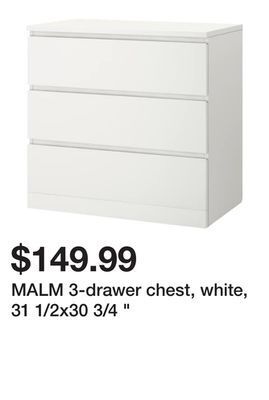 Ikea Malm 3-drawer chest, white, 31 1/2x30 3/4 " offer