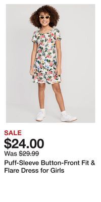 Old Navy Puff-sleeve button-front fit & flare dress for girls offer