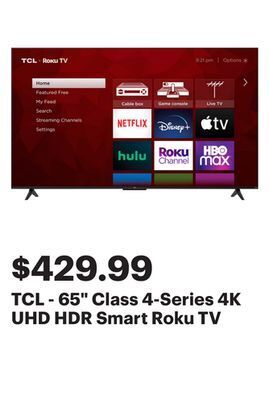 Best Buy Tcl - 65" class 4-series 4k uhd hdr smart roku tv offer