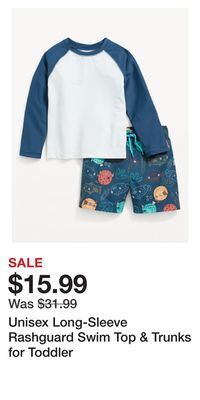 Old Navy Unisex long-sleeve rashguard swim top & trunks for toddler offer