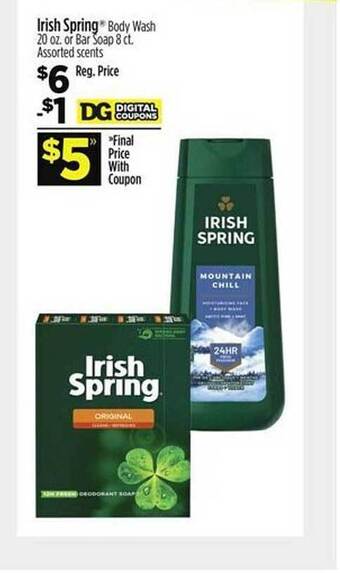 Dollar General Irish spring body wash or bar soap offer