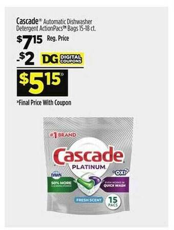 Dollar General Cascade automatic dishwasher detergent actionpacs bags offer