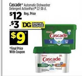 Dollar General Cascade automatic dishwasher detergent actionpacs offer