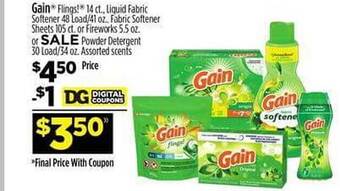 Dollar General Gain flings!, liquid fabric softener, fabric softener sheets or fireworks or powder detergent offer