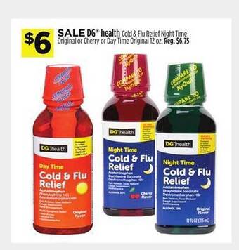 Dollar General Dg health cold & flu relief night time original or cherry or day time original offer