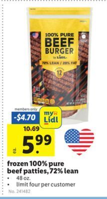Lidl Frozen 100% pure beef patties, 72% lean offer