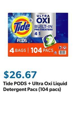 Sam's Club Tide pods + ultra oxi liquid detergent pacs (104 pacs) offer