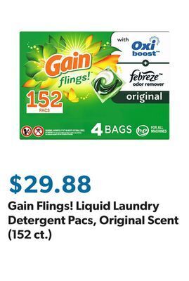 Sam's Club Gain flings! liquid laundry detergent pacs, original scent (152 ct.) offer
