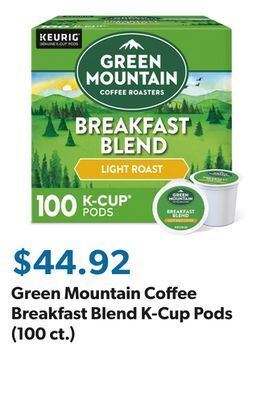 Sam's Club Green mountain coffee breakfast blend k-cup pods (100 ct.) offer