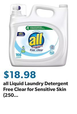 Sam's Club All liquid laundry detergent free clear for sensitive skin (250 oz.,166 loads) offer