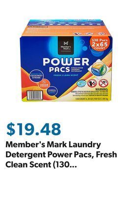 Sam's Club Member's mark laundry detergent power pacs, fresh clean scent (130 ct.) offer