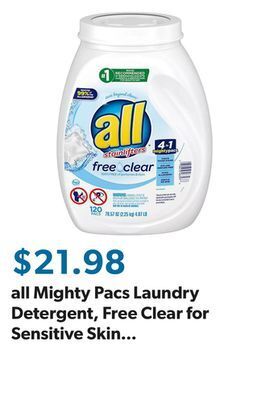 Sam's Club All mighty pacs laundry detergent, free clear for sensitive skin (120 ct.) offer
