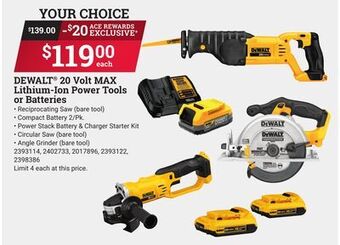 Ace Hardware Dewalt® 20 volt max lithium-ion power tools or batteries offer