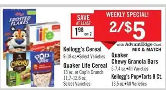 Price Chopper Kellogg's cereal, quaker life cereal, chewy granola bars or pop-tarts offer
