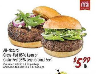 Sprouts Farmers Market All-natural grass-fed 85% lean or grain-fed 93% lean ground beef offer