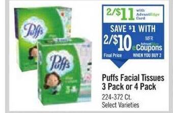 Price Chopper Puffs facial tissues 3 pack or 4 pack offer
