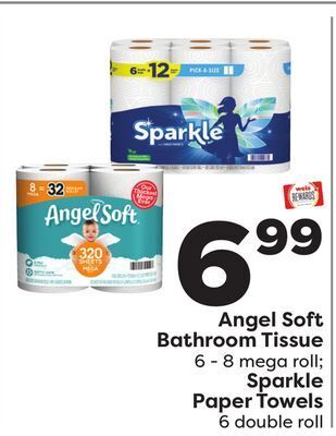 Weis Markets Angel soft bathroom tissue 6-8 mega roll sparkle paper towels 6 double roll offer