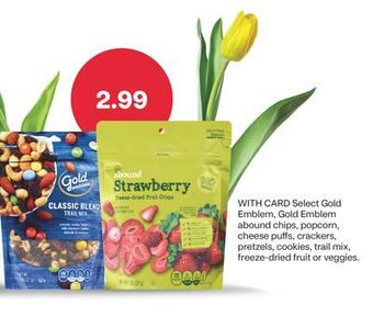 CVS Select gold emblem, gold emblem abound chips, popcorn, cheese puffs, crackers, pretzels, cookies, trail mix, freeze-dried fru offer