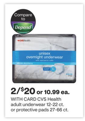 CVS Cvs health adult underwear 12-22 ct. or protective pads 27-66 ct offer