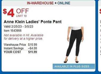 Costco Anne klein ladies' ponte pant offer