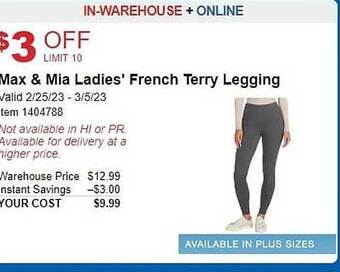 Costco Max & mia ladies' french terry legging offer