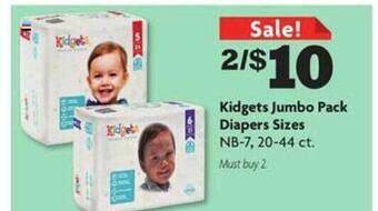 Family Dollar Kidgets jumbo pack diapers sizes offer