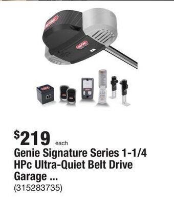 The Home Depot Genie signature series 1-1/4 hpc ultra-quiet belt drive garage door opener with battery backup offer