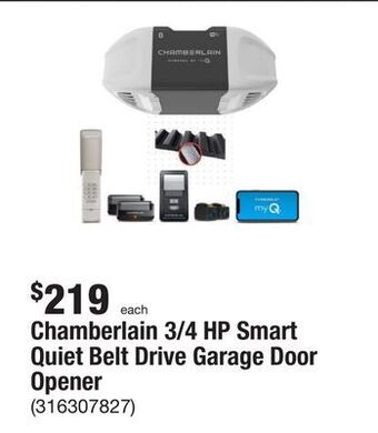 The Home Depot Chamberlain 3/4 hp smart quiet belt drive garage door opener offer